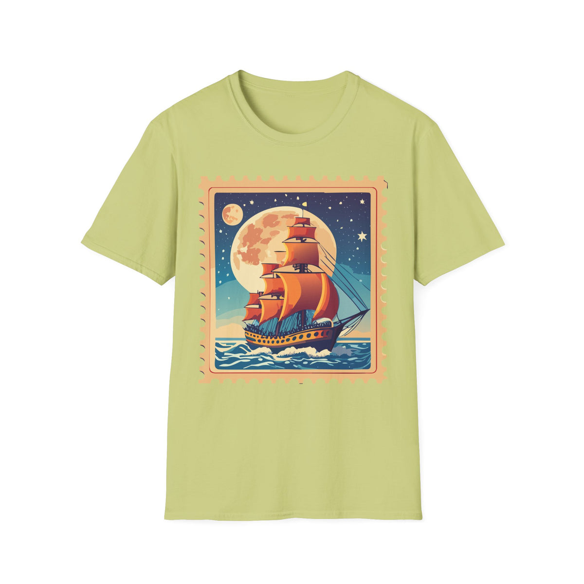 Vintage Sailing Ship T‑Shirt — Nautical Stamp Moonlight Travel Post Graphic Design Unisex 100 Cotton Gildan T-Shirt