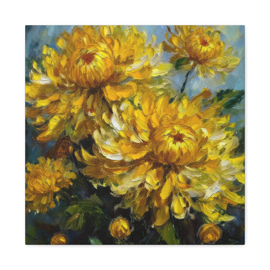 Chrysanthemums Print Canvas, Floral Oil Paint Print 20x20, 24x24, 30x30, 32x32, 36x36 Art Design Pine-Wood Inner Frame MC-163