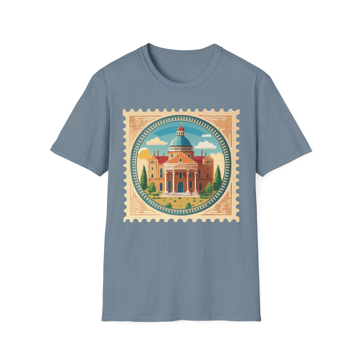 Vintage Postage Stamp Cityscape T-Shirt | Retro Basilica Graphic Tee Unisex 100 Cotton Gildan T-Shirt