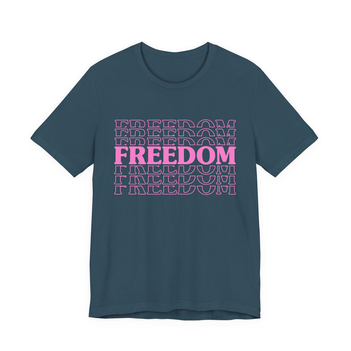 Freedom Repeat Text Tee White T-Shirt Pink Typography Unisex Cotton a8