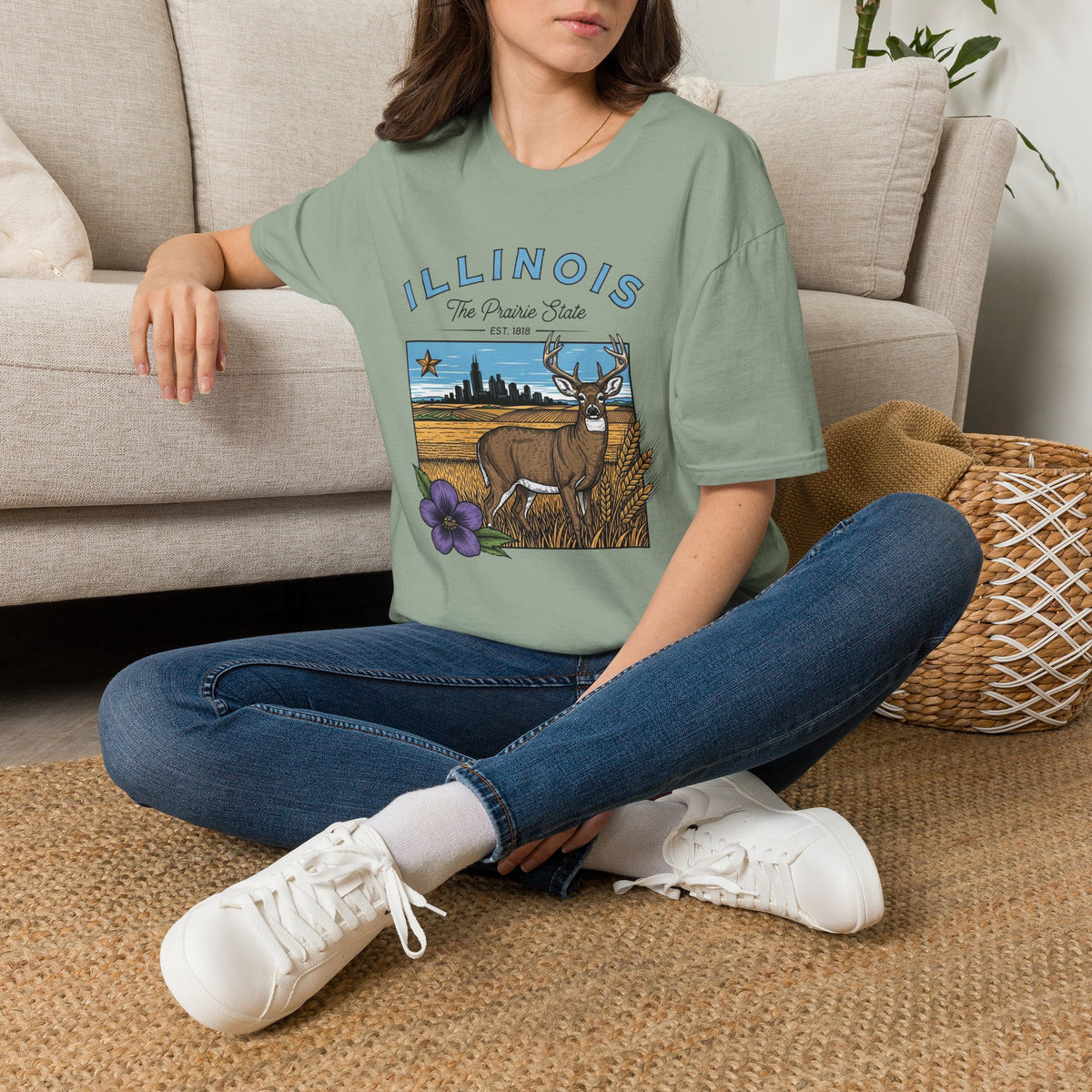 Illinois Deer State T-Shirt — The Prairie State Travel Tourist Graphic Design Unisex 100 Cotton Gildan T-Shirt