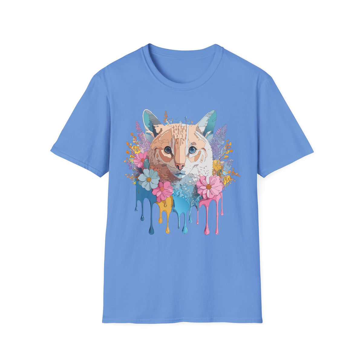 Watercolor Cat Face T-Shirt | Floral Drip Art, Colorful Kitty Tee