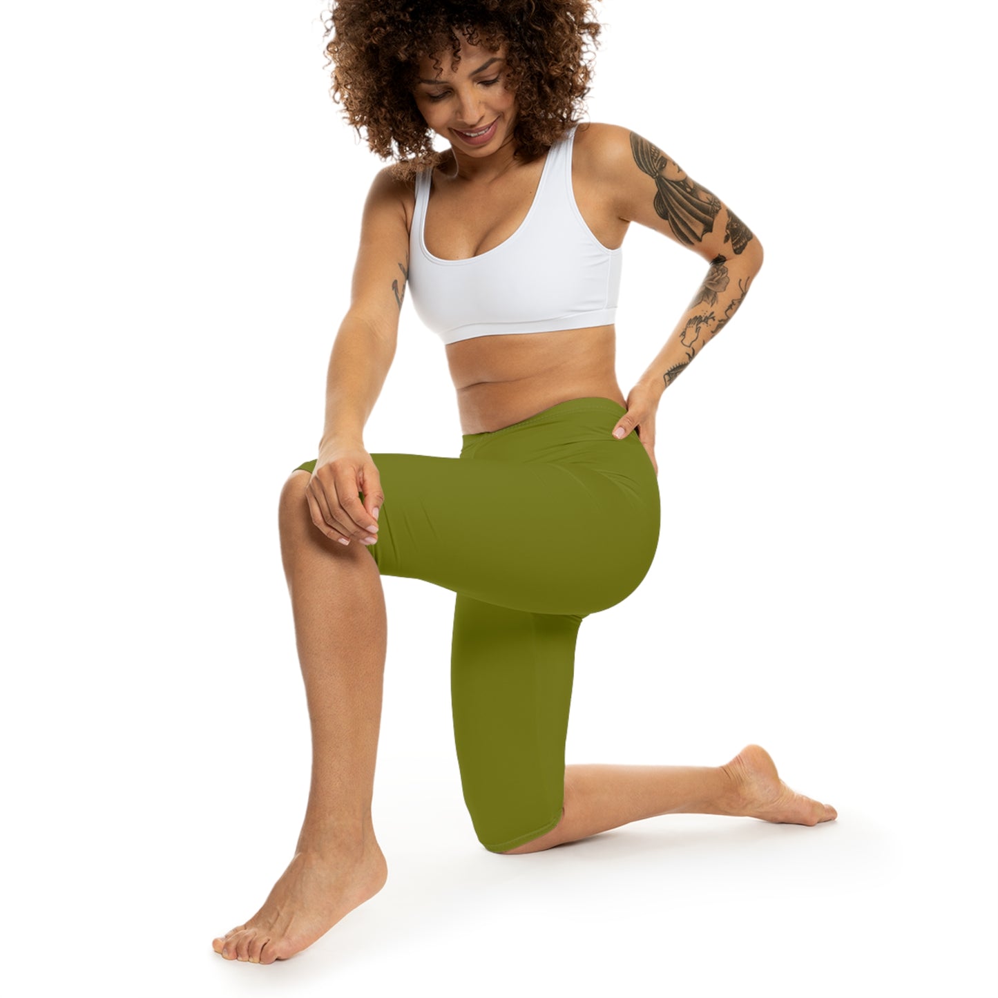 Olive Color Women's Brushed Suede Poly Span Casual Capri Leggings XS-2XL