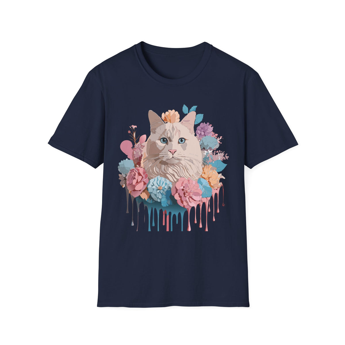 Floral Cat Portrait T-Shirt | Watercolor Kitty with Flowers
