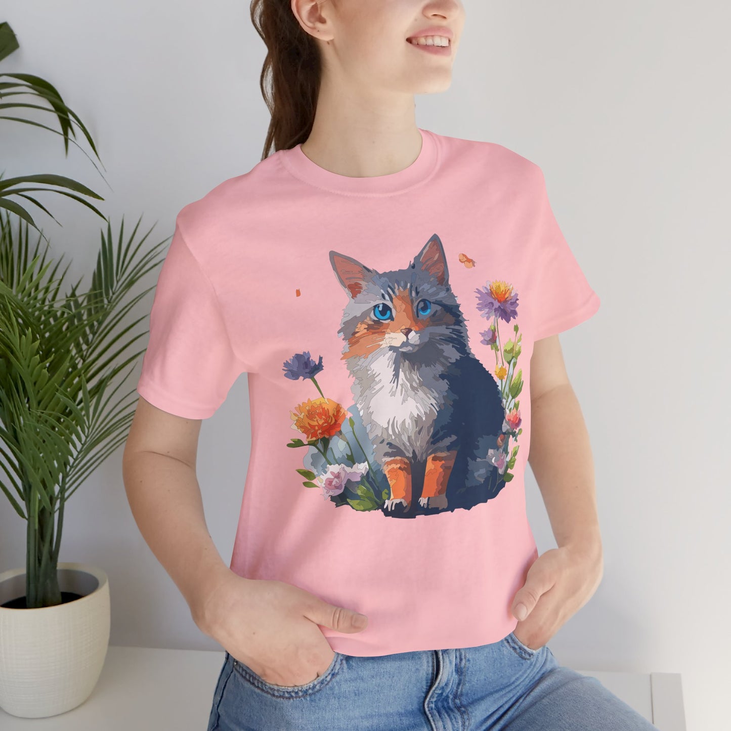 Floral Cat Tee, Animal Shirt, Cat Shirt, Floral Tee, Flower T-shirt, T-Shirt with Animal, Summer Top with Art Design