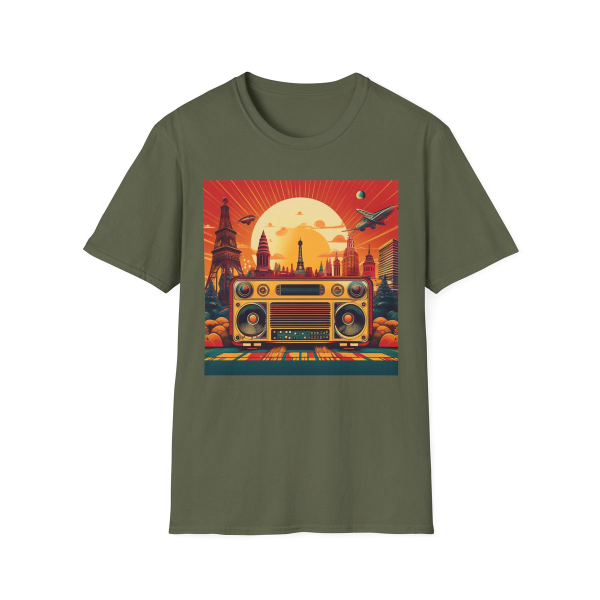 Retro Boombox Sunset Cityscape Graphic Posters, Post Stamps Design Unisex 100 Cotton Gildan T-Shirt