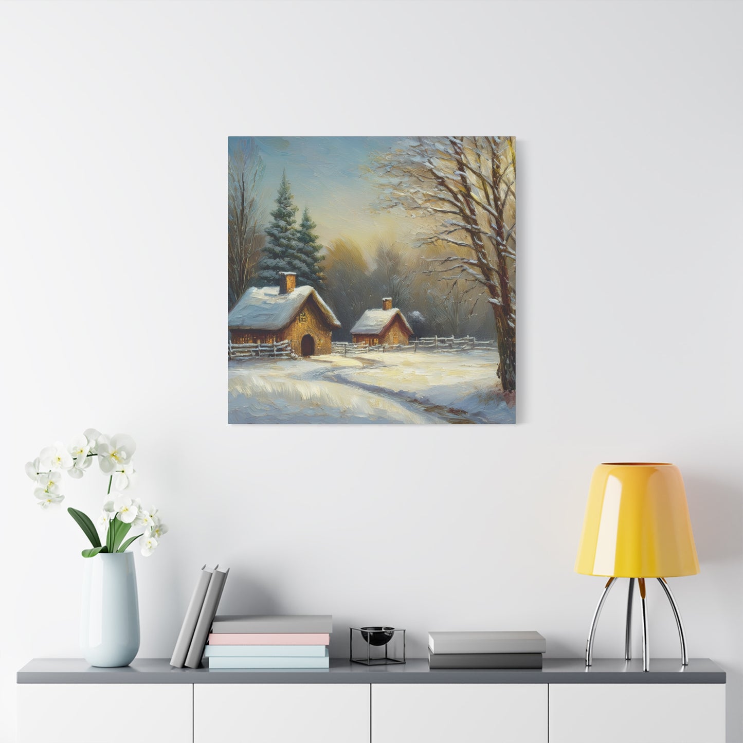 Countryside Winter Print Canvas, Oil Paint Print 20x20, 24x24, 30x30, 32x32, 36x36 Art Design Pine-Wood Inner Frame MC-113