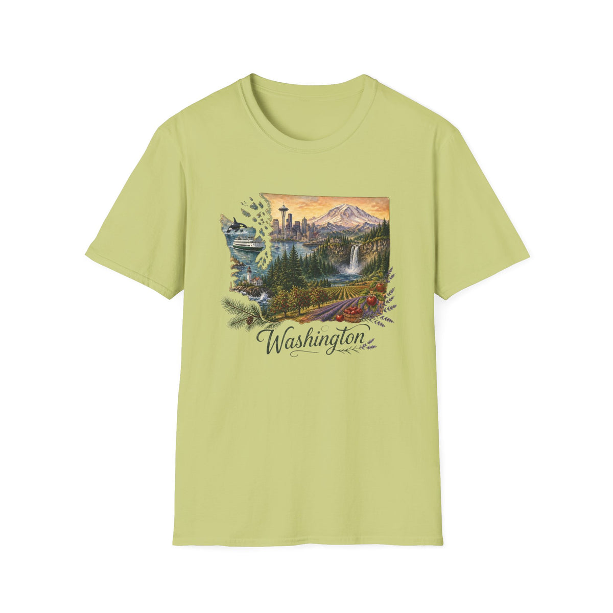Washington Scenic T-Shirt — Vintage Mountain & Waterfall State Travel Tourist Graphic Design Unisex 100 Cotton Gildan T-Shirt