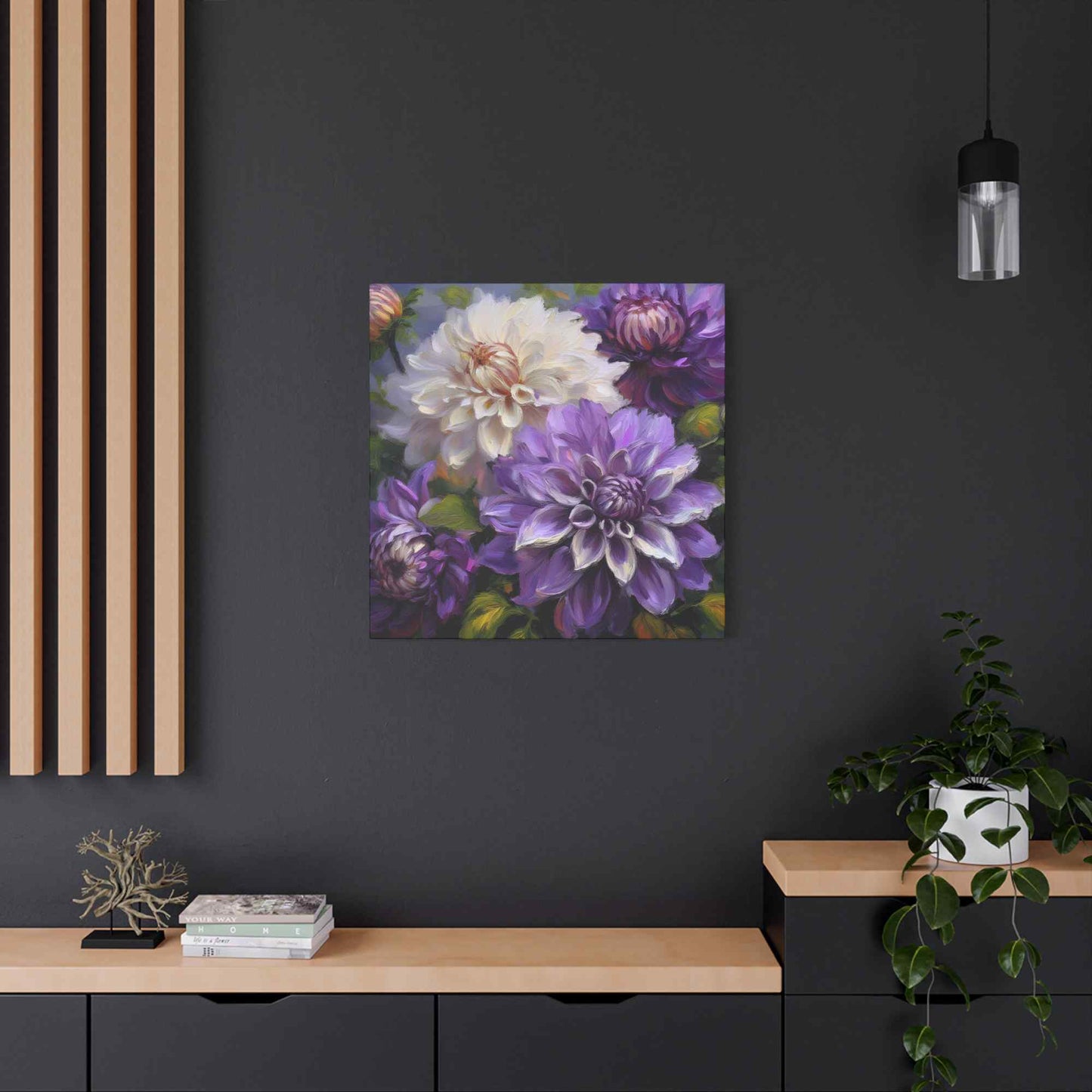 Dahlias Floral Print Canvas, Floral Oil Paint Print 20x20, 24x24, 30x30, 32x32, 36x36 Art Design Pine-Wood Inner Frame MC-172