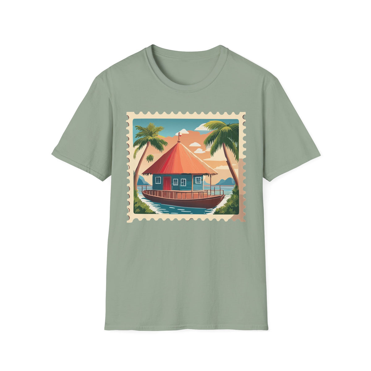 Tropical Beach Cottage T-Shirt | Palm Trees, Sunset Hut Graphic Tee Unisex 100 Cotton Gildan T-Shirt