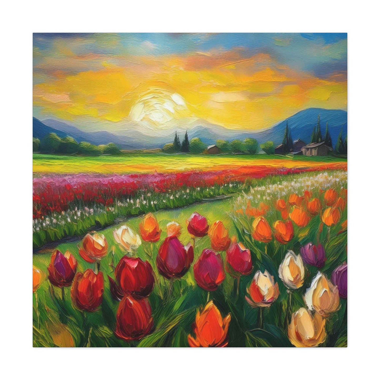 Tulips Fields Print Canvas, Floral Oil Paint Print 20x20, 24x24, 30x30, 32x32, 36x36 Art Design Pine-Wood Inner Frame MC-149