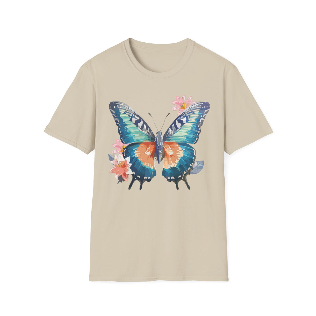 Butterfly Watercolor T-Shirt — Floral Blue Orange Butterfly Graphic Tee Unisex 100 Cotton Gildan T-Shirt