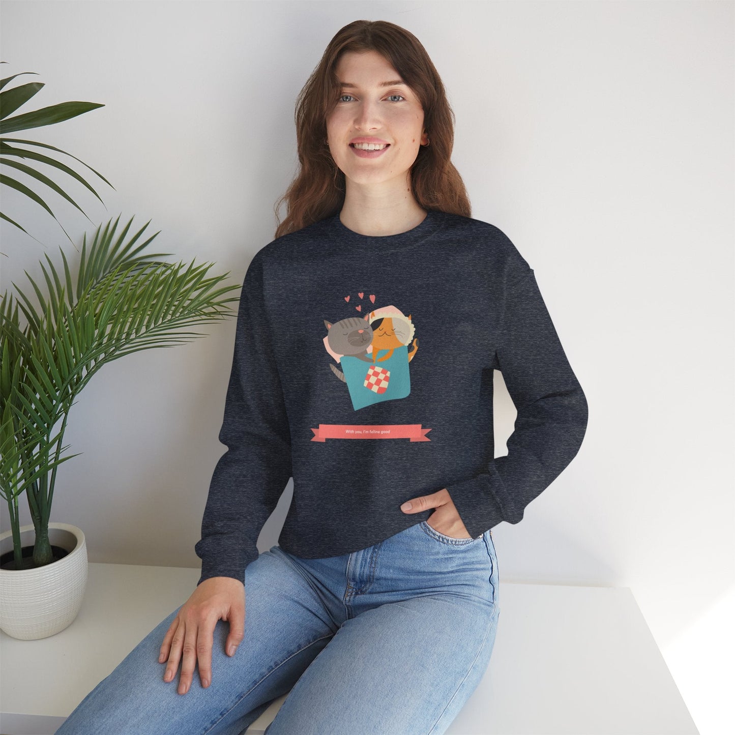 Cat Heart Sweatshirt Unisex Valentines Day 50 50 Cotton Poly Crewneck Gildan 18000
