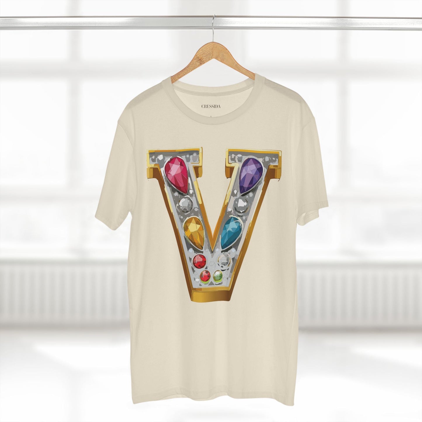 Letter V Graphic Design Tee Unisex 100 Cotton With Antique Gold Letters Artwork T-Shirt