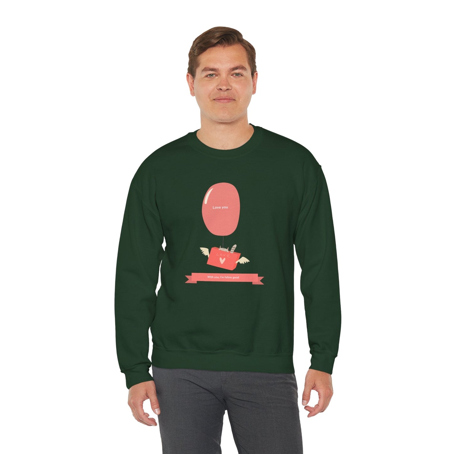 Cat Love Balloon Sweatshirt Unisex Fifty Fifty Cotton Poly Valentine Heavy Blend Crewneck Sweatshirt