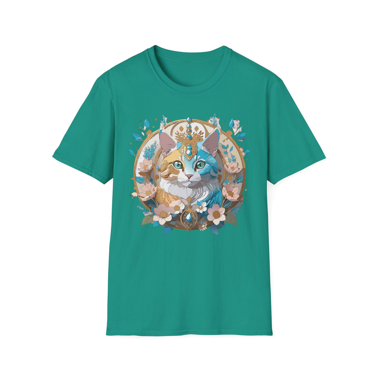 Two-Tone Cat Portrait T-Shirt | Floral Crescent, Boho Kitty