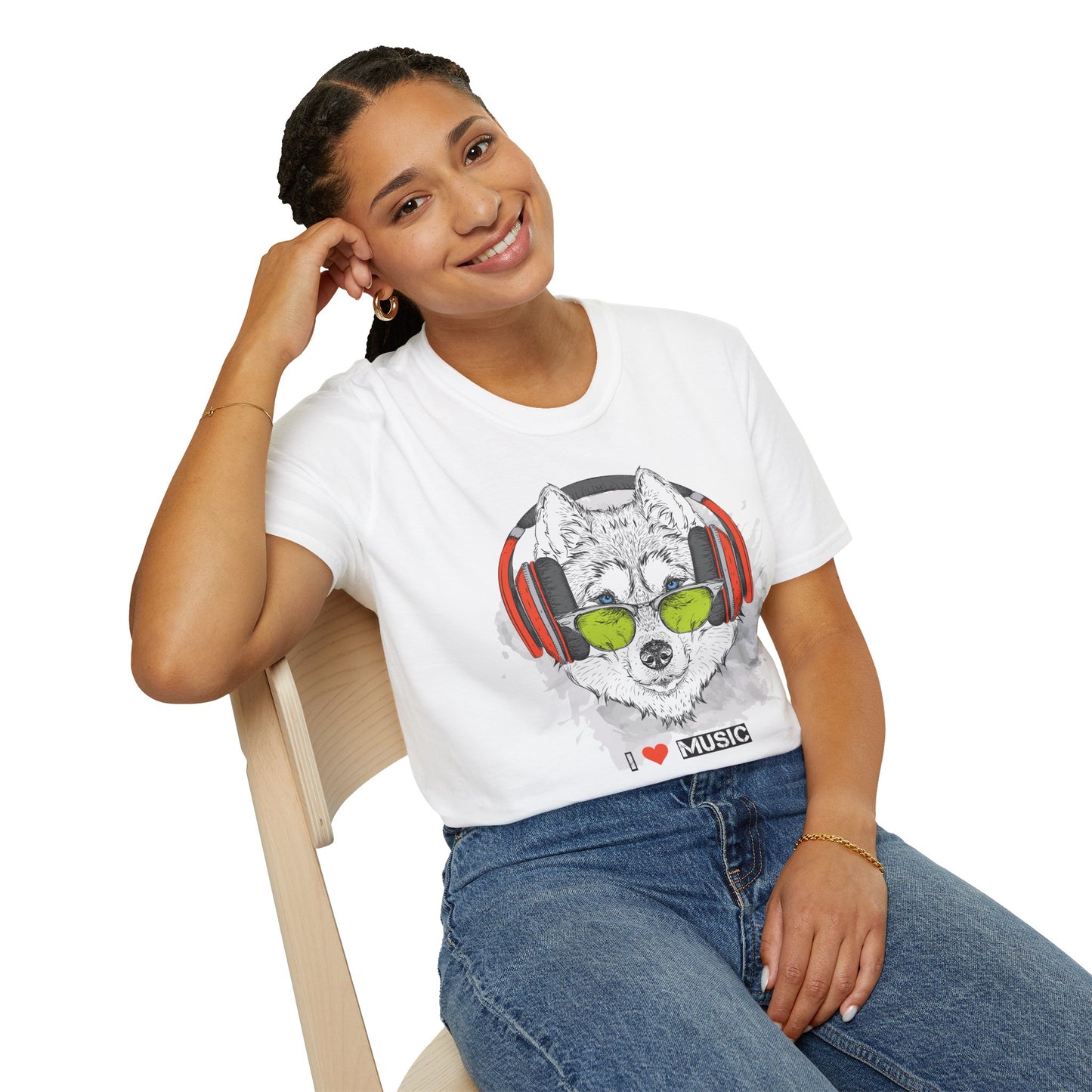 Wolf with Headphones T-Shirt Unisex Cotton Short Sleeves 'I  Music' Graphic Tee