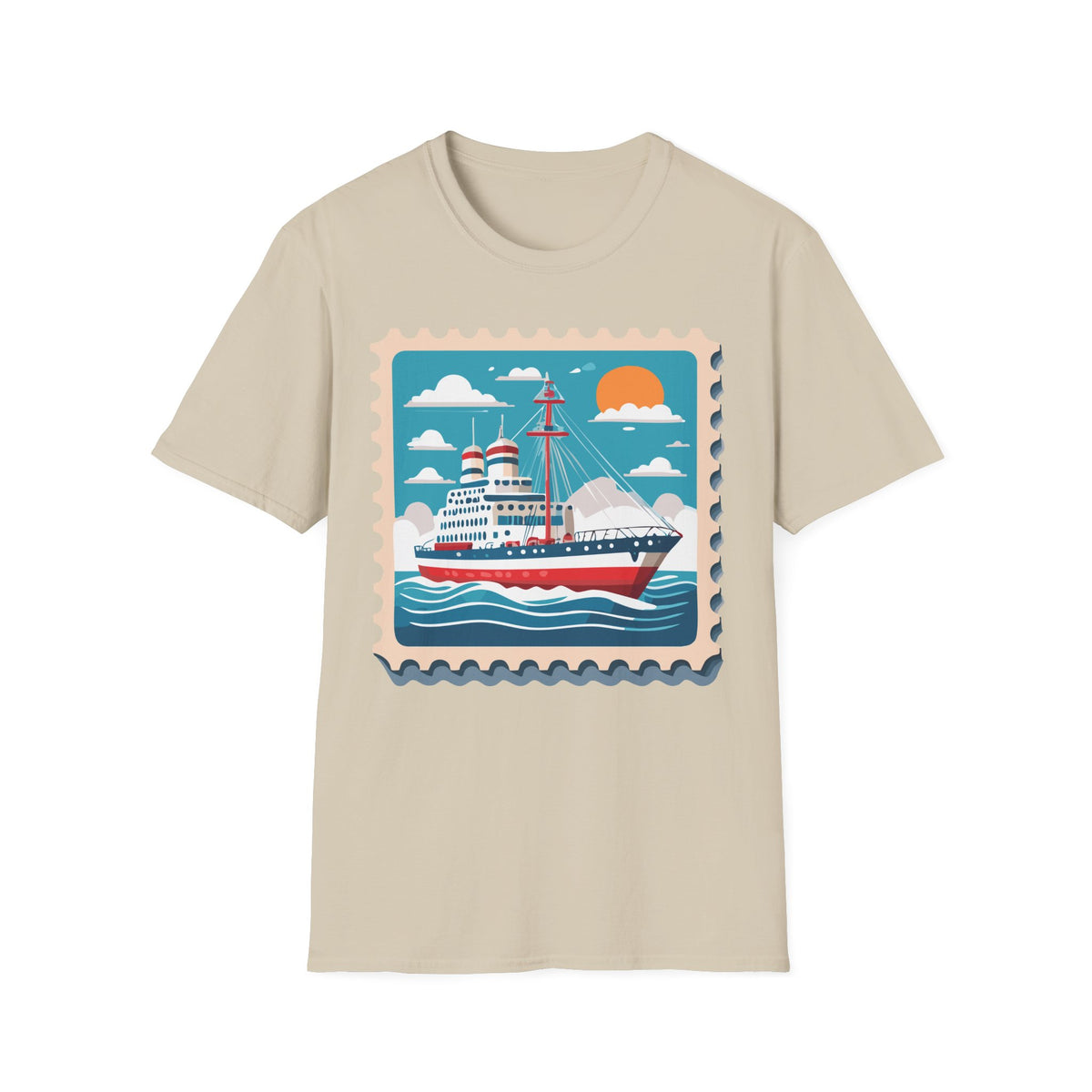 Vintage Cruise Ship Stamp T-Shirt | Nautical Ocean Sunset Design