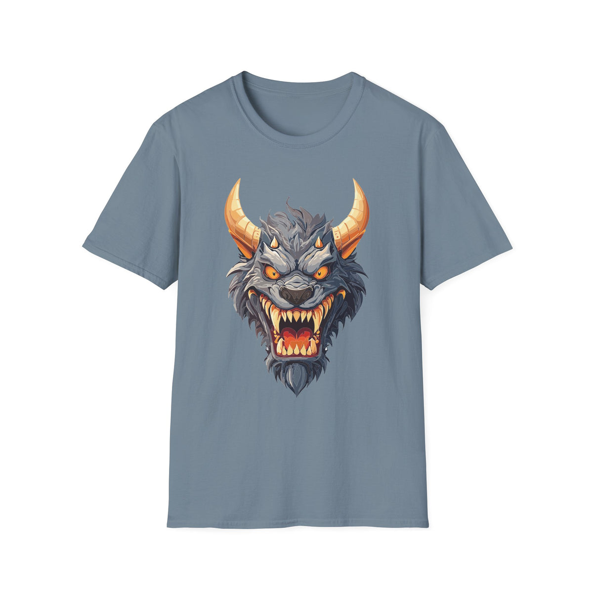 Demonic Beast Head T-Shirt — Horned Monster Cartoon Graphic Tee Unisex 100 Cotton Gildan T-Shirt