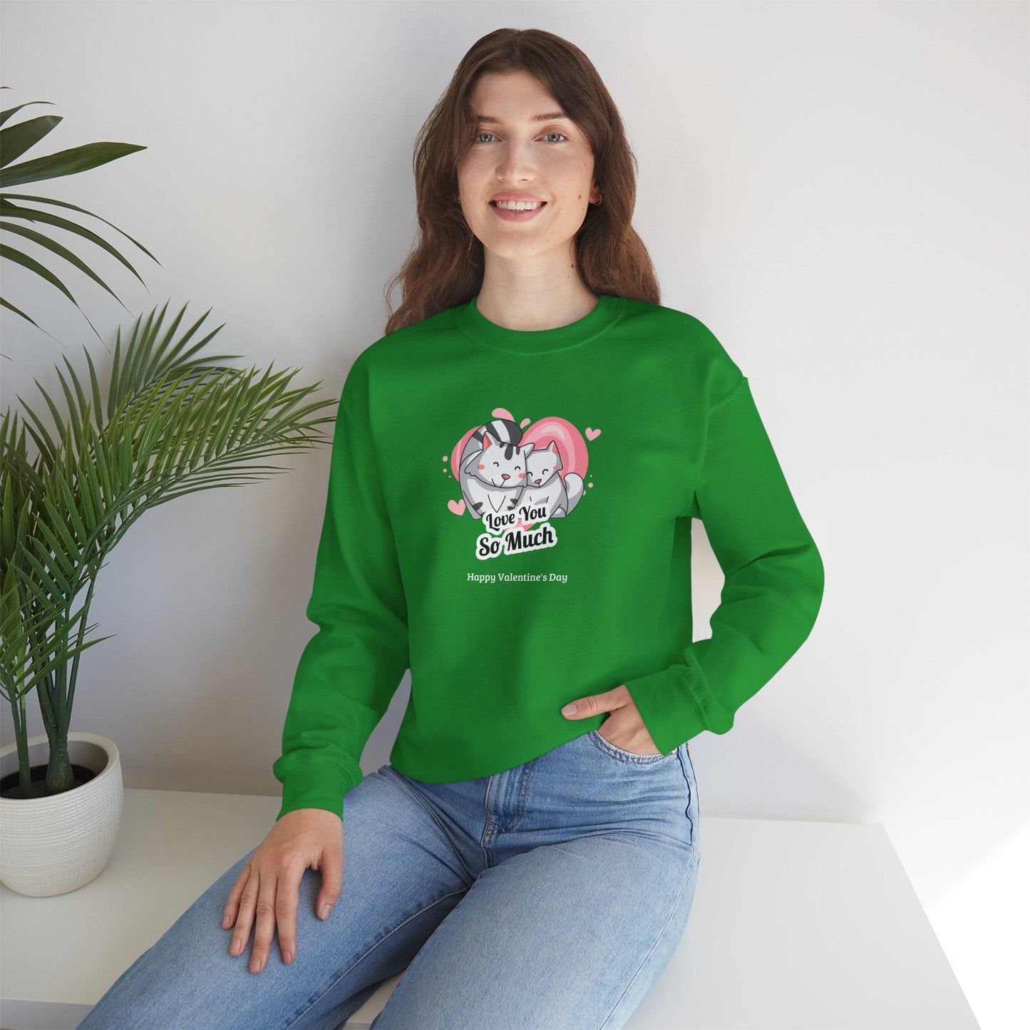 Cat Heart Sweatshirt Valentines Day Unisex 50 50 Cotton Poly Crewneck Gildan 18000