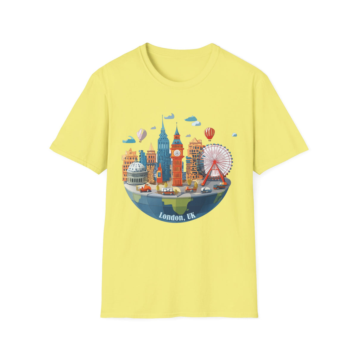 London Skyline Illustration T-Shirt | Big Ben, London Eye, Hot Air Balloons