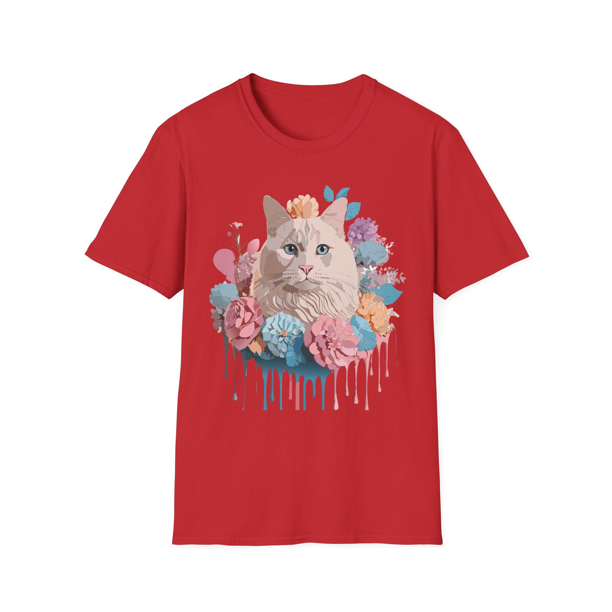 Floral Cat Portrait T-Shirt | Watercolor Kitty with Flowers