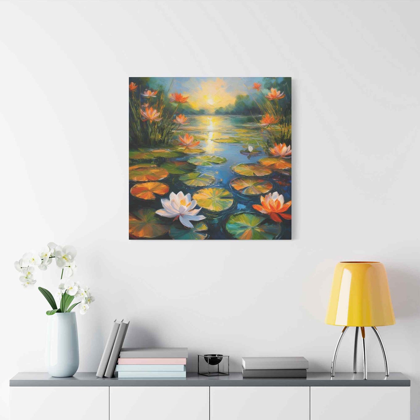 Water Lilies Print Canvas, Oil Paint Print 20x20, 24x24, 30x30, 32x32, 36x36 Art Design Print Pine-Wood Inner Frame MC-63
