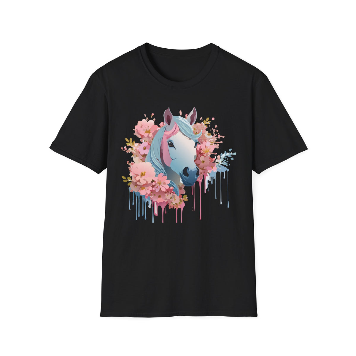 Pastel Floral Unicorn T-Shirt | Horse Portrait, Pink Blue Mane