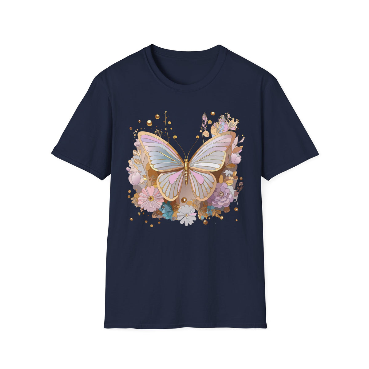 Pastel Butterfly Floral T-Shirt — Gold Accent Butterfly Graphic Design Unisex 100 Cotton Gildan T-Shirt