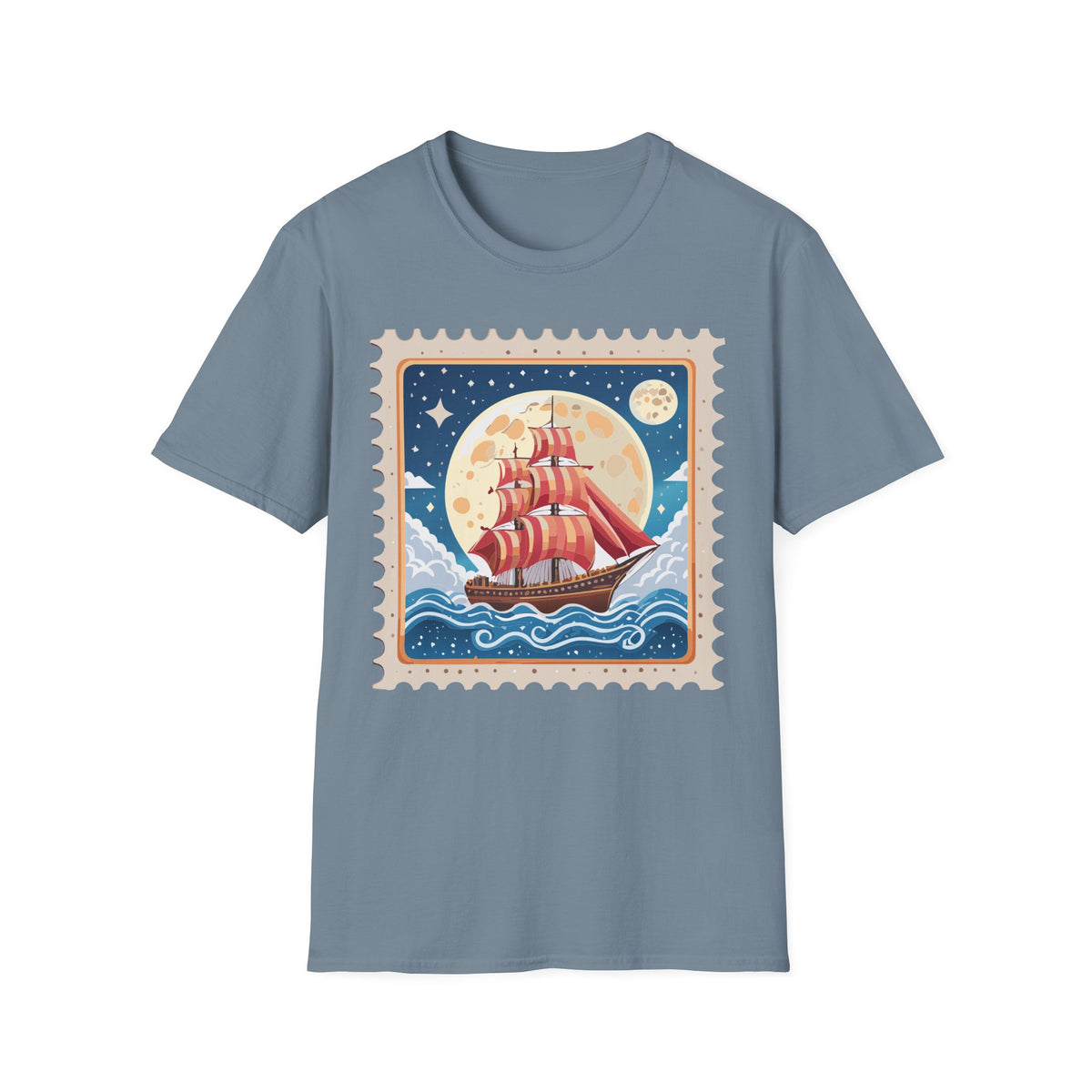 Red Sail Ship Moon Stamp T-Shirt | Nautical Vintage Illustration