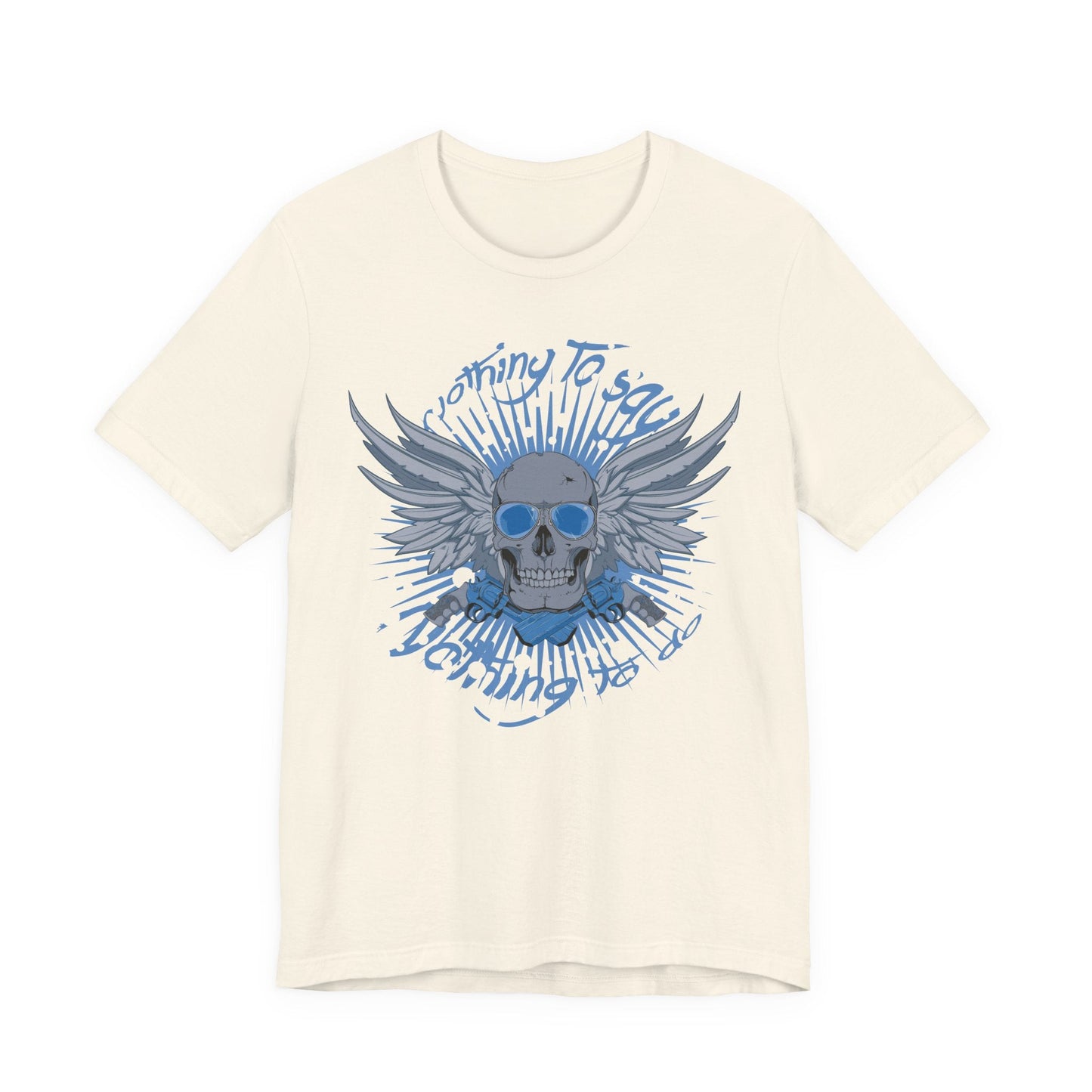 Winged Skull Graphic Tee | Blue Skull with Wings, Radiant Burst