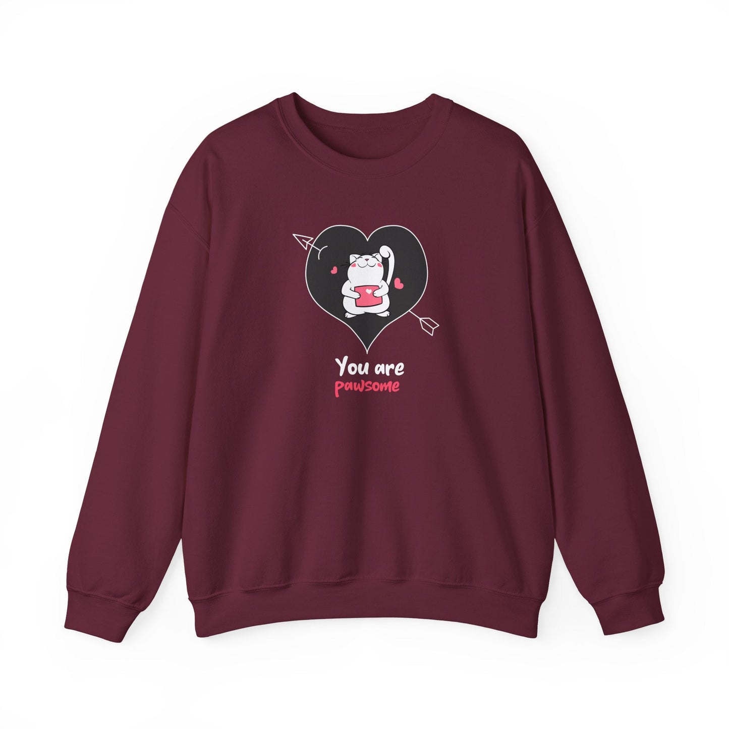 Cat Heart Sweatshirt Unisex Valentines Day Fifty Fifty Cotton Poly Crewneck Gildan 18000