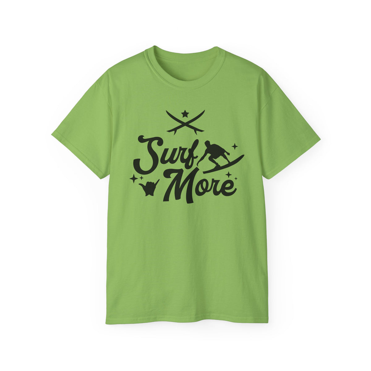 Surf More surfboard graphic Tee | surfer silhouette, waves, retro script