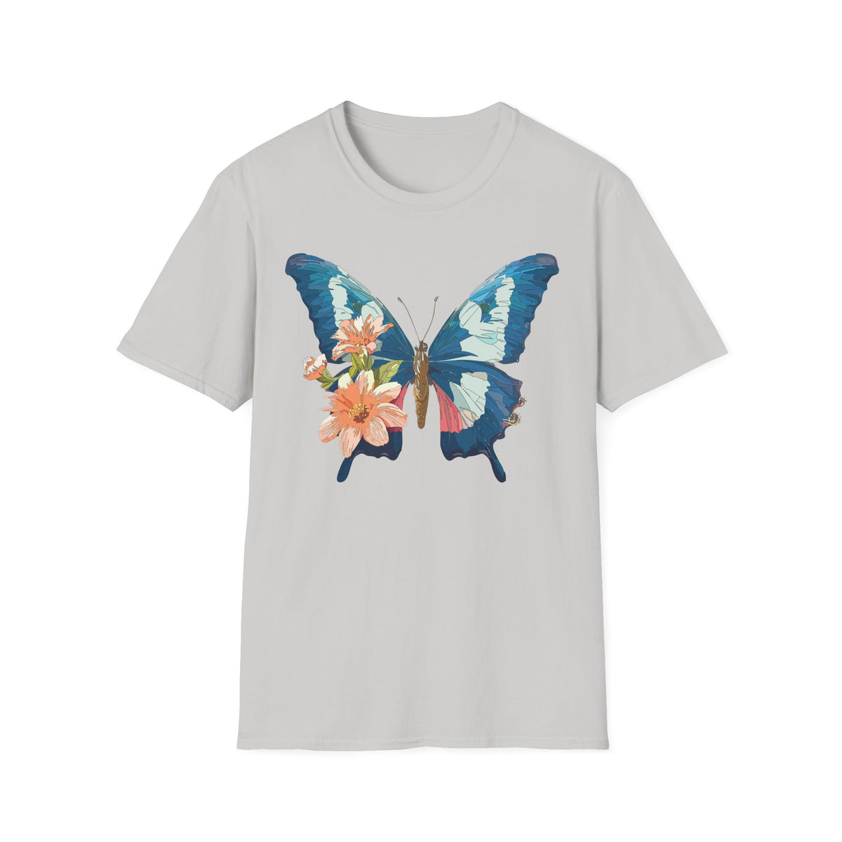 Blue Butterfly Floral Print T-Shirt | Botanical Wings Graphic Tee Unisex 100 Cotton Gildan T-Shirt