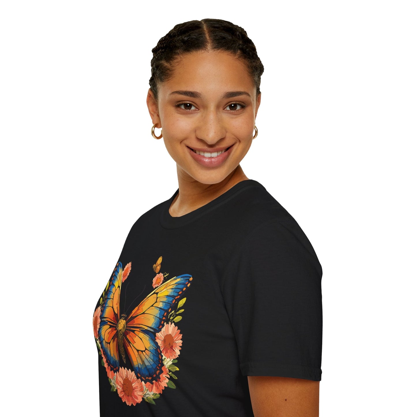 Butterfly T Shirt Unisex Softstyle Gildan 64000 Monarch Print 100 Percent Ring Spun Cotton