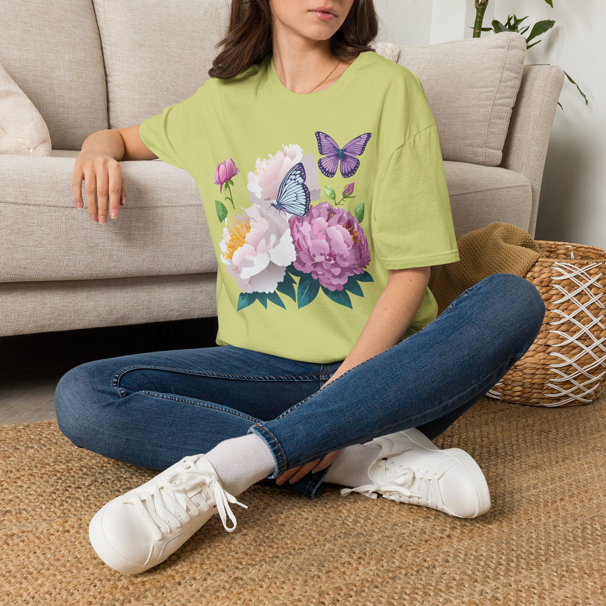 Floral Peonies & Butterflies T-Shirt — pastel garden tee for spring, Mother's Day Graphic Tee Unisex 100 Cotton Gildan T-Shirt