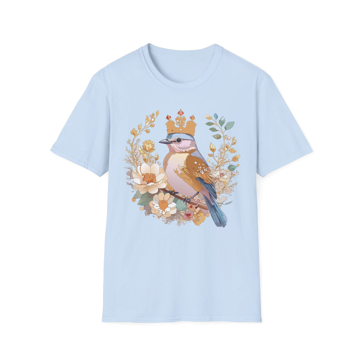 Crowned Blue Jay Bird Floral Illustration T-Shirt | Nature Bird Tee