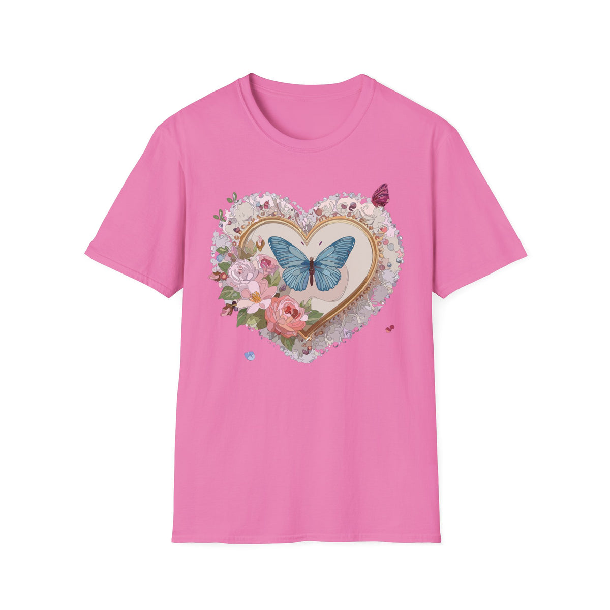 Butterfly Heart T-Shirt — Floral Blue Butterfly Graphic Tee Unisex 100 Cotton Gildan T-Shirt