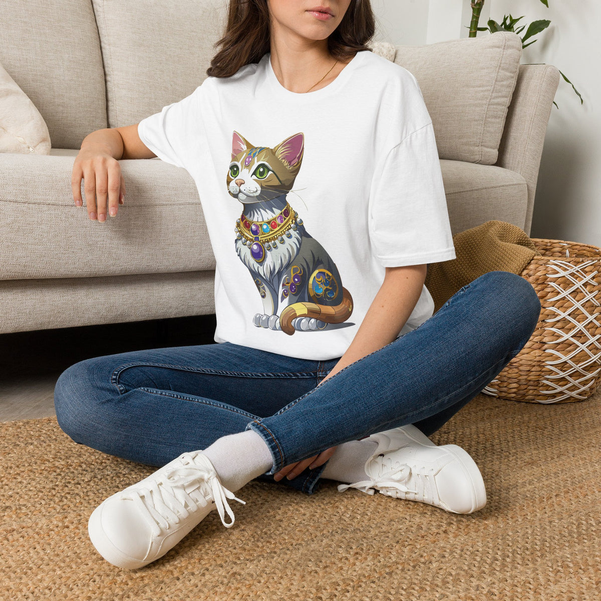 Regal Jewel-Studded Cat T-Shirt | Colorful Crowned Cat Illustration