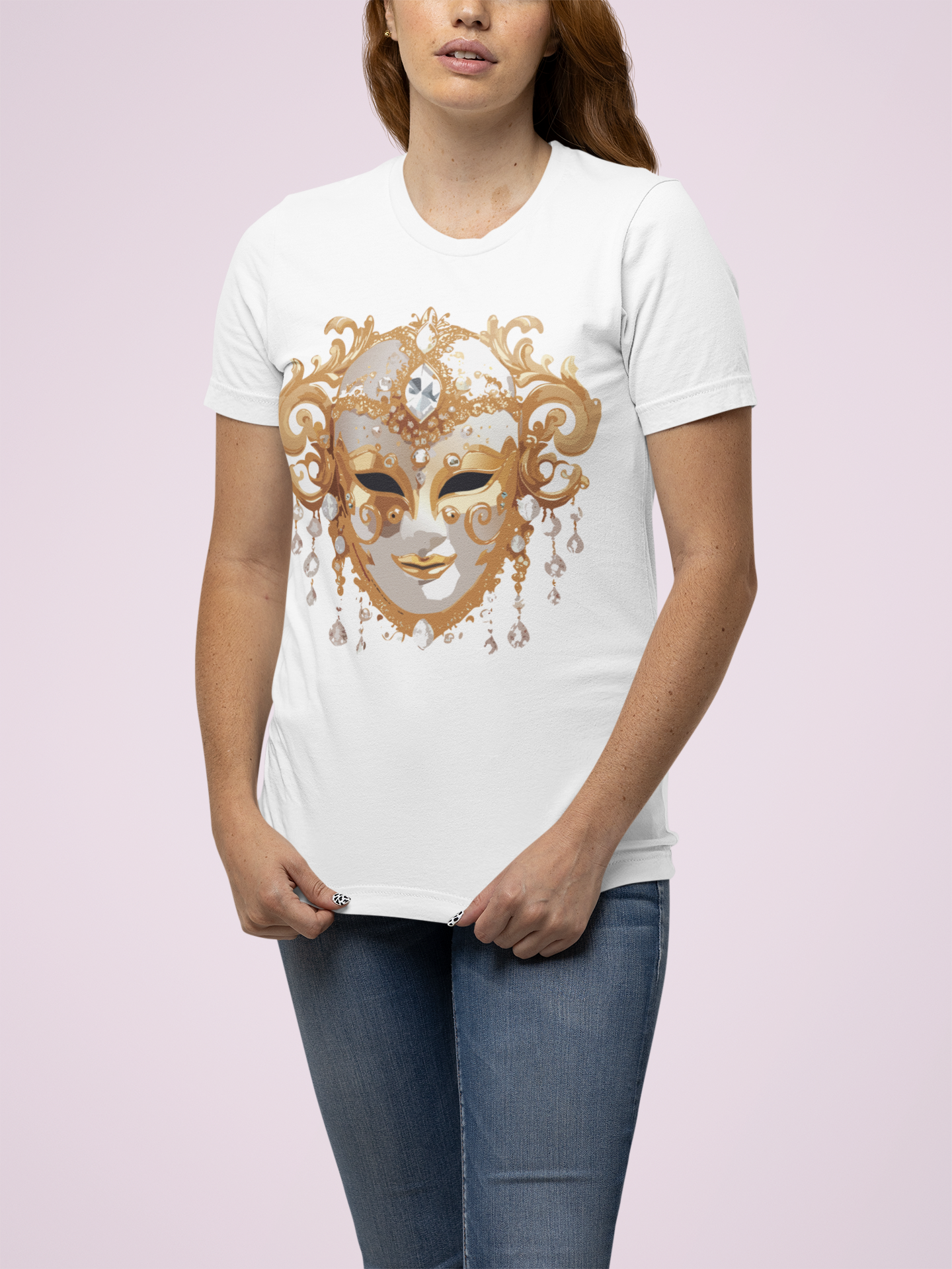 Carnival Mask Graphic T-Shirt Unisex 100 Cotton With Antique Gold Art Design Tee 24