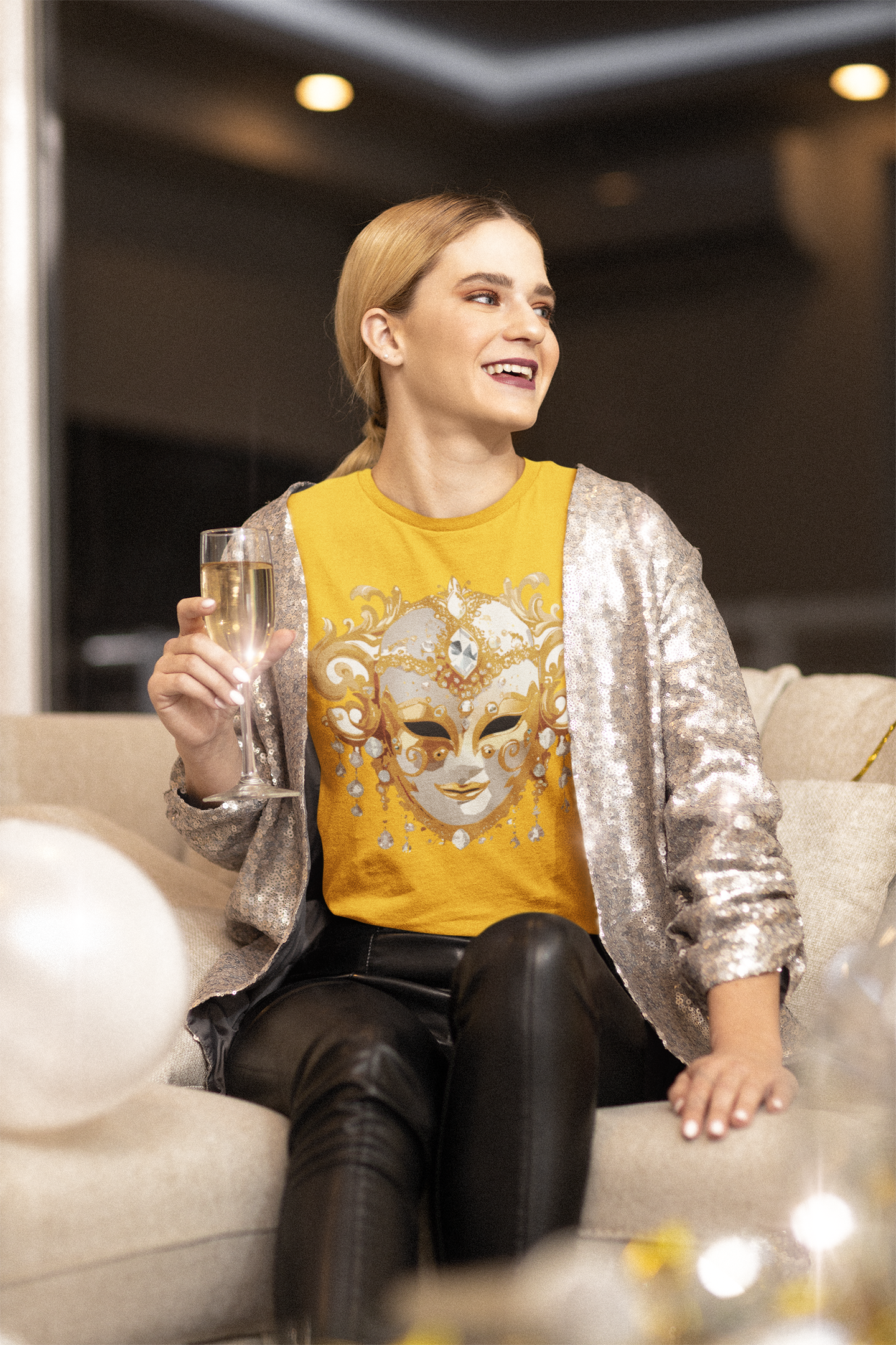 Carnival Mask Graphic T-Shirt Unisex 100 Cotton With Antique Gold Art Design Tee 24