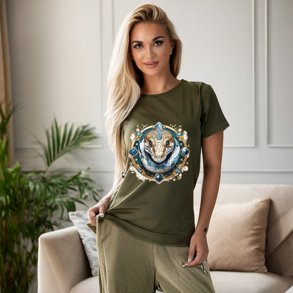 Snake Graphic Unisex 100 Cotton Tee With Unique Animal Golden Medallion Art Design 42