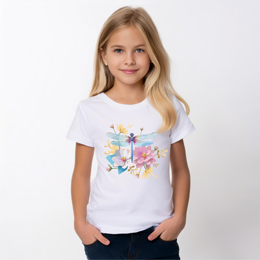 Dragonfly Blossom Youth Tee - Colorful Short Sleeve T-Shirt for Spring Celebrations (9-14)