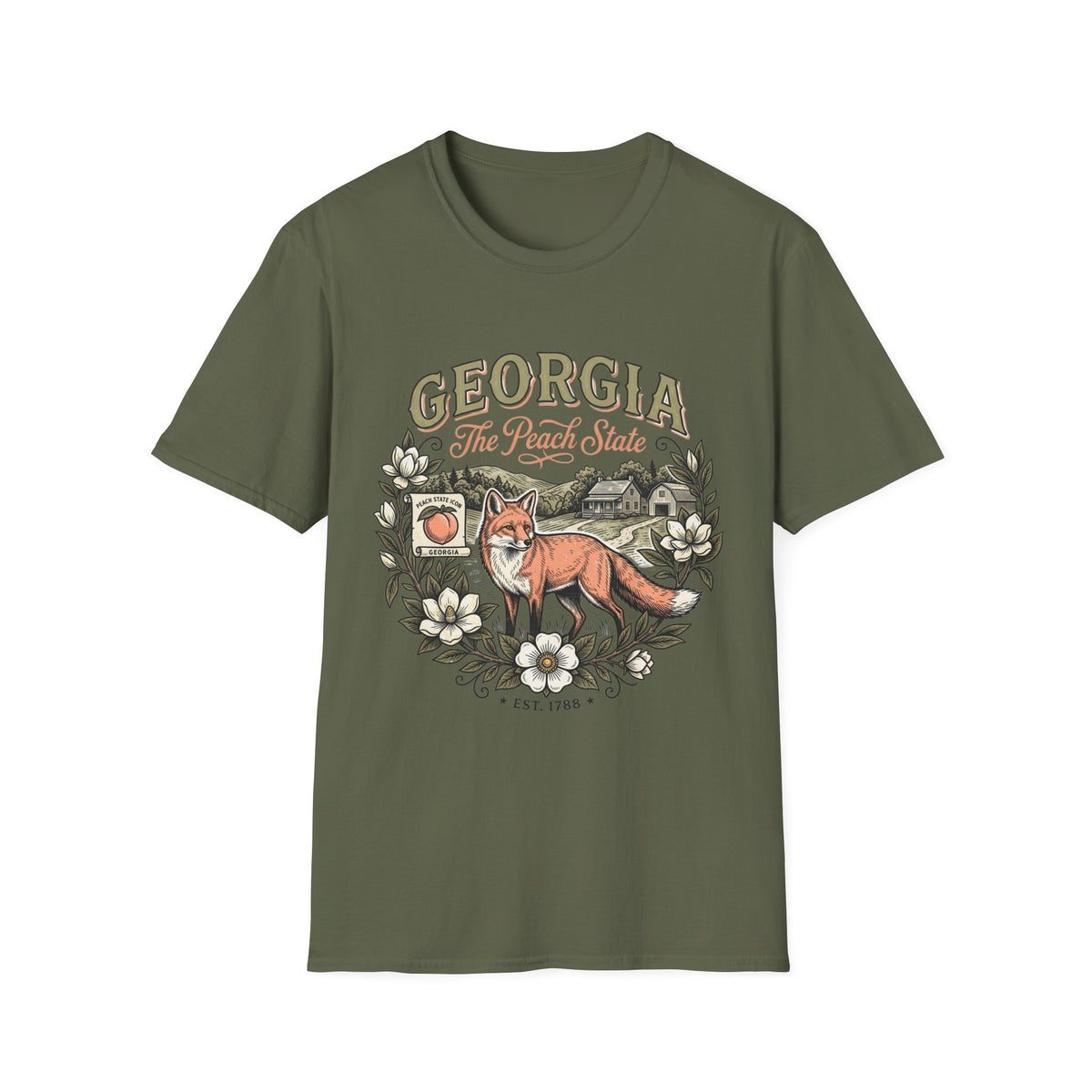 Georgia Fox T-Shirt — The Peach State Vintage Nature Travel Tourist Graphic Design Unisex 100 Cotton Gildan T-Shirt