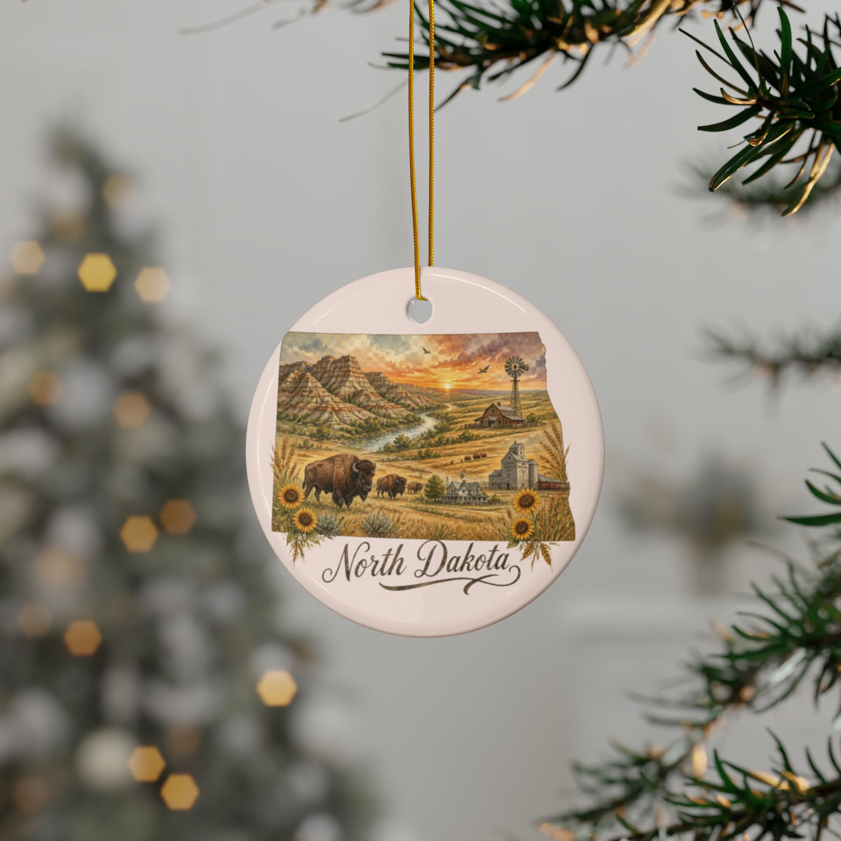 North Dakota Scenic Illustration Ornament | Ceramic Round Ornament - 2.99" Includes Gold String