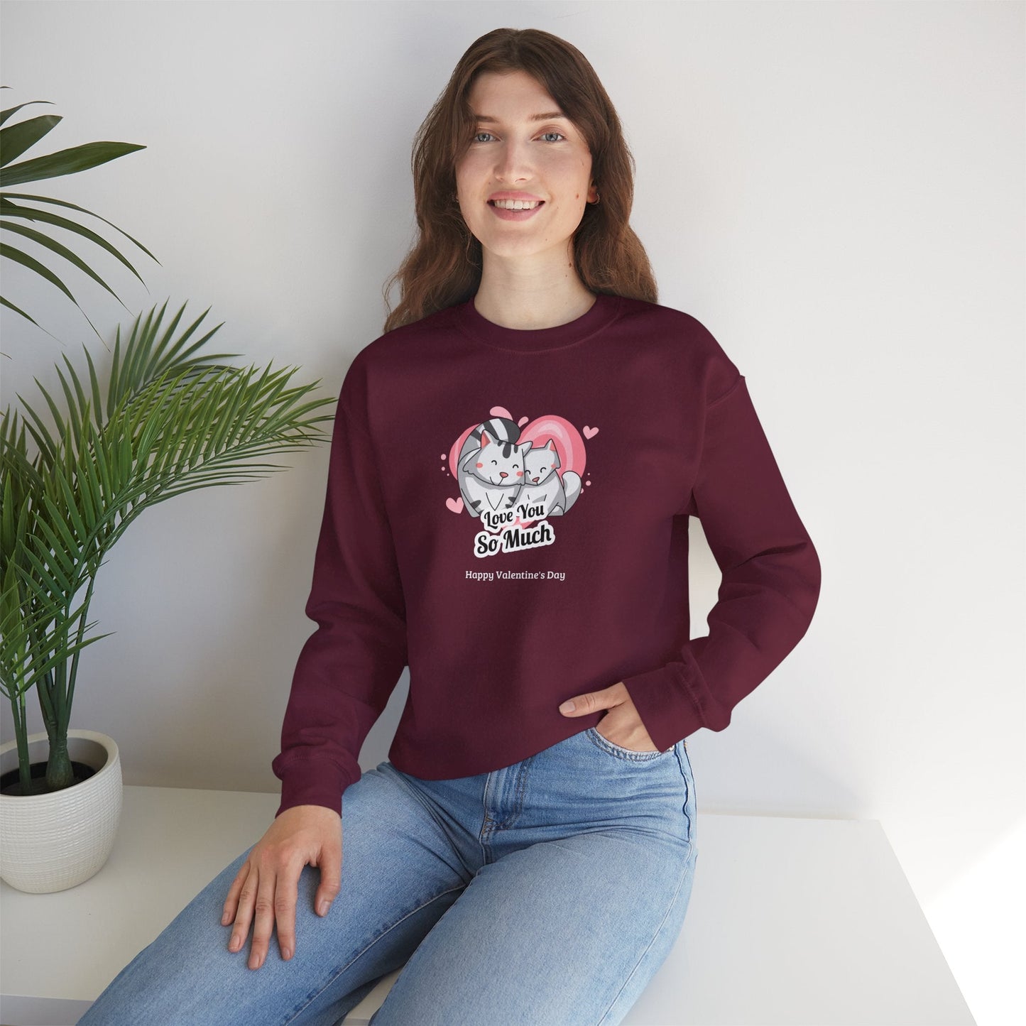 Cat Heart Sweatshirt Valentines Day Unisex 50 50 Cotton Poly Crewneck Gildan 18000