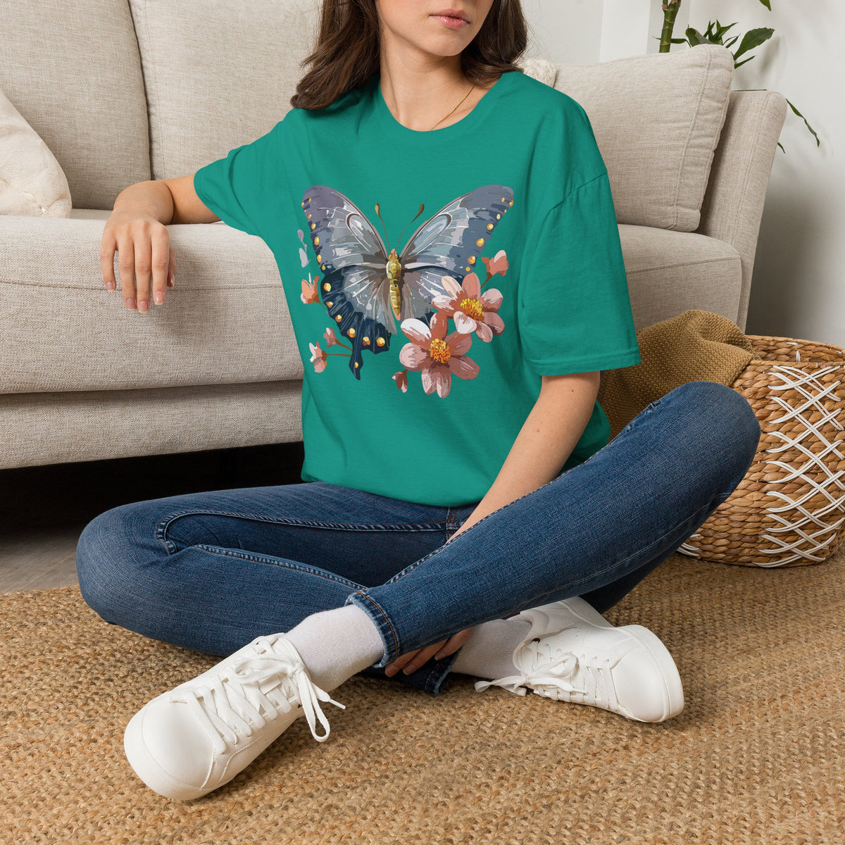 Butterfly and Floral Botanical Graphic Design Unisex 100 Cotton Gildan T-Shirt