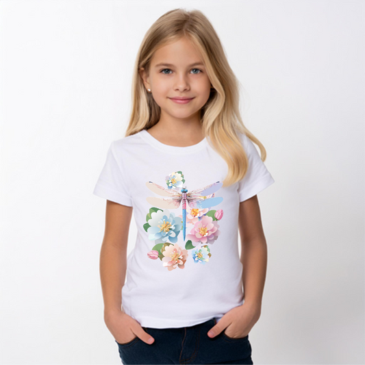 Dragonfly Blossom Youth Tee - Colorful Short Sleeve T-Shirt for Spring Celebrations (9-14)