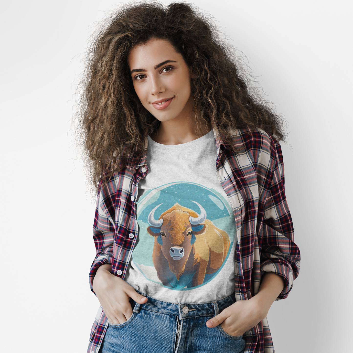 Retro2Nova Bison Art Tee Unisex Premium Cotton Staple Shirt With Original Animal Illustration From Art Collection