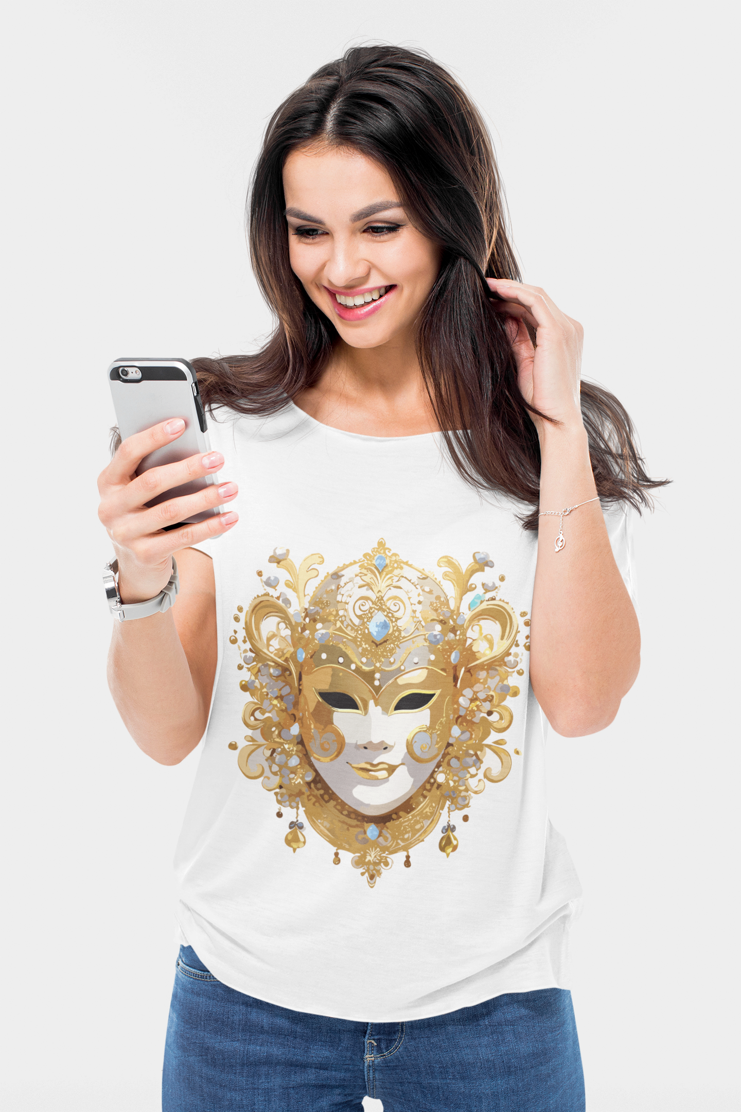 Carnival Mask Graphic T-Shirt Unisex 100 Cotton With Antique Gold Art Design Tee 25